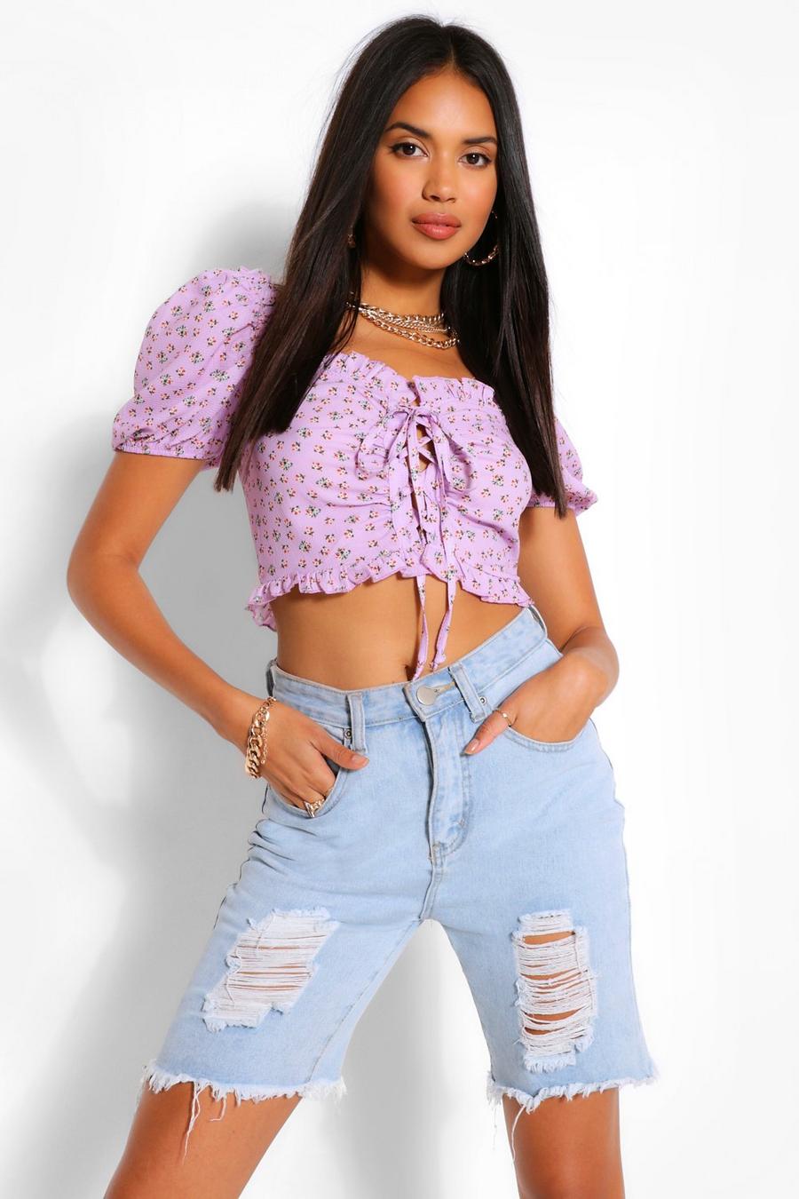 Lilac Floral Ruched Lace Up Crop Top image number 1