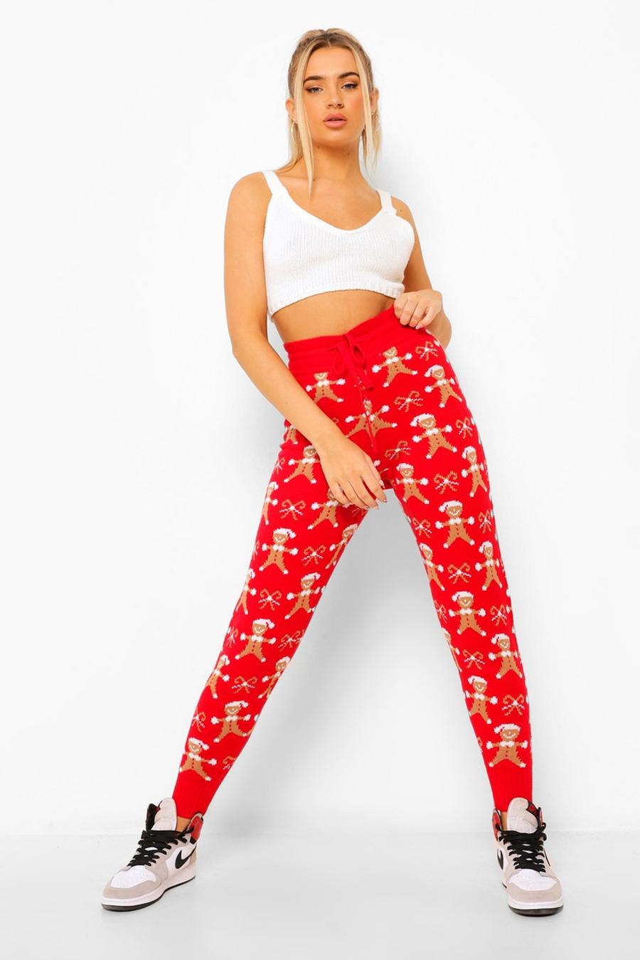 Red Gingerbread Knit Christmas Leggings image number 1