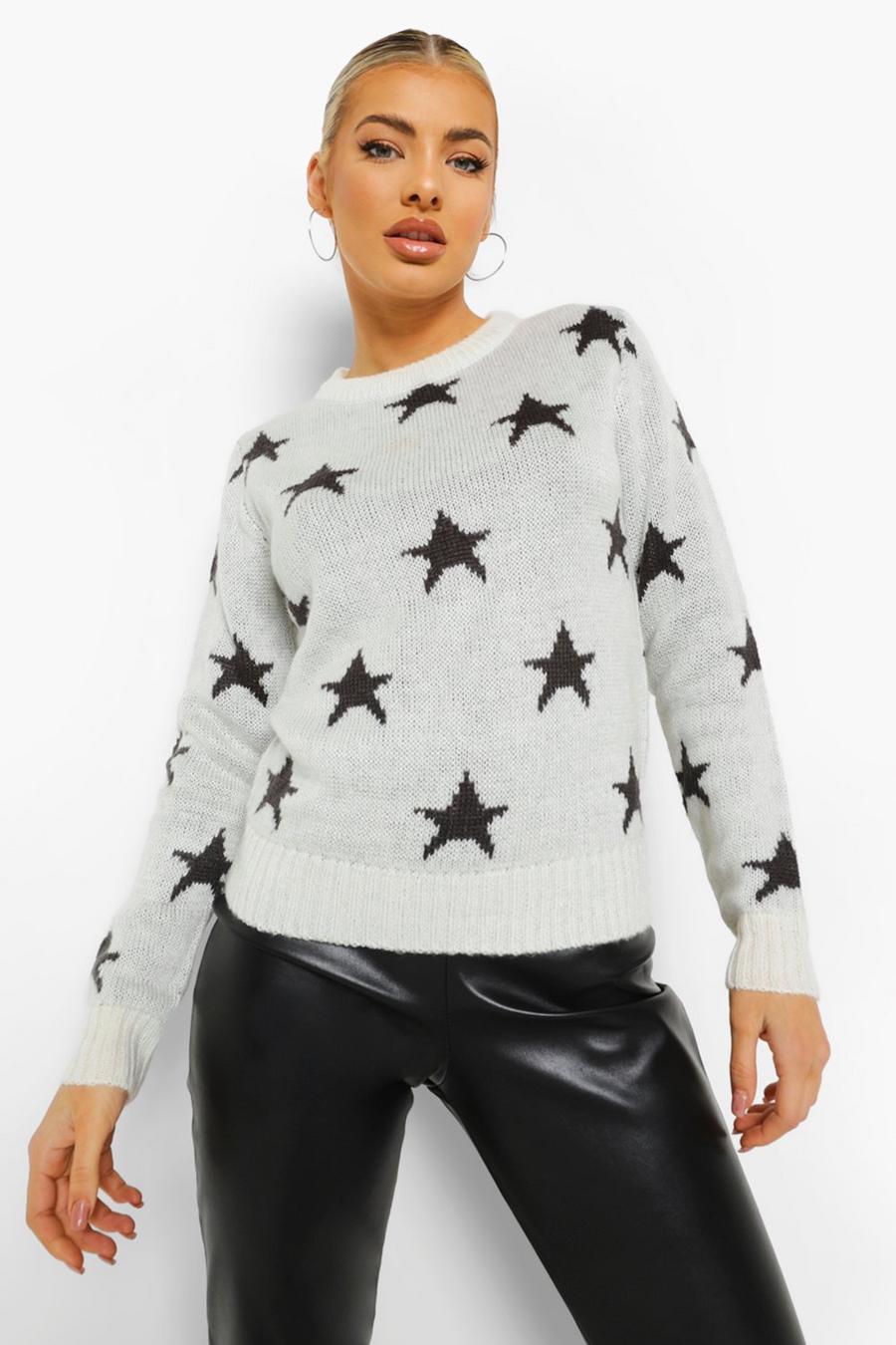 Cream Soft Knit Star Christmas Sweater image number 1