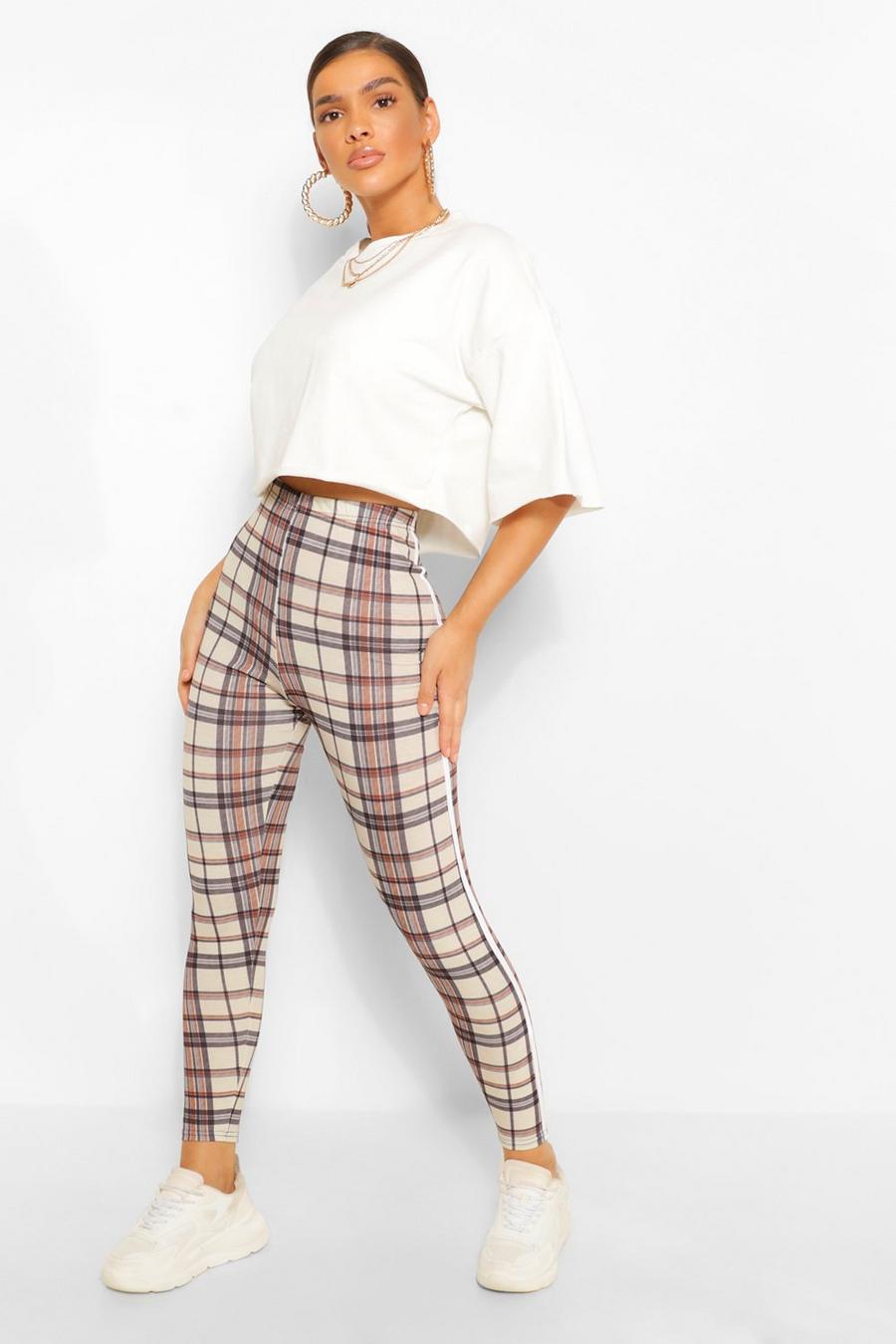 Beige Checked Sports Stripe Jersey Leggings image number 1