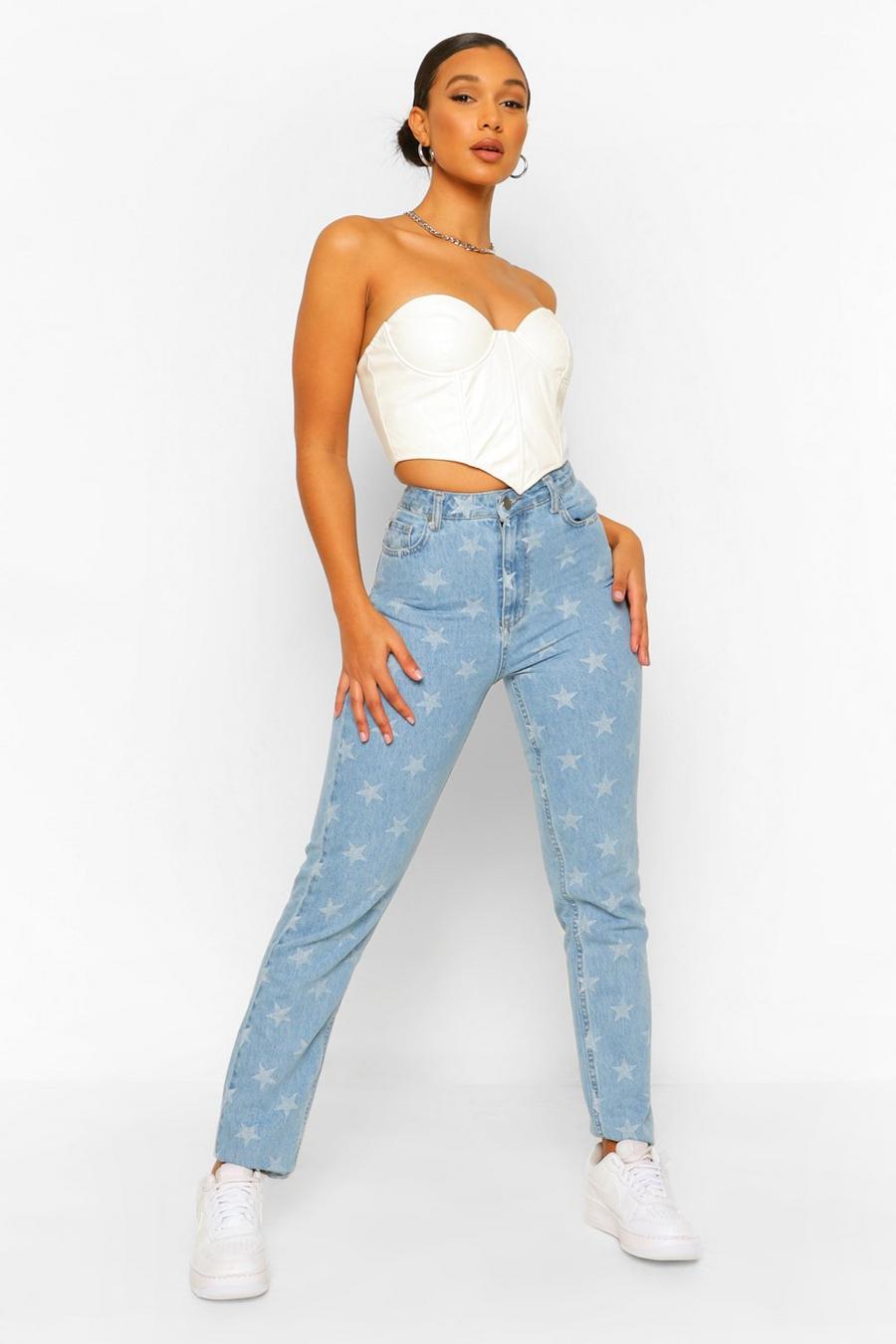 כחול בהיר ג'ינס בגזרת מאם High-Waisted עם הדפס כוכבים image number 1