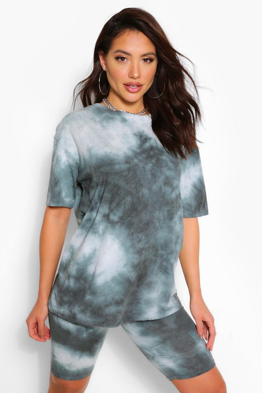 Charcoal TieDye Oversized Top&Cycling Short Co-ord image number 1