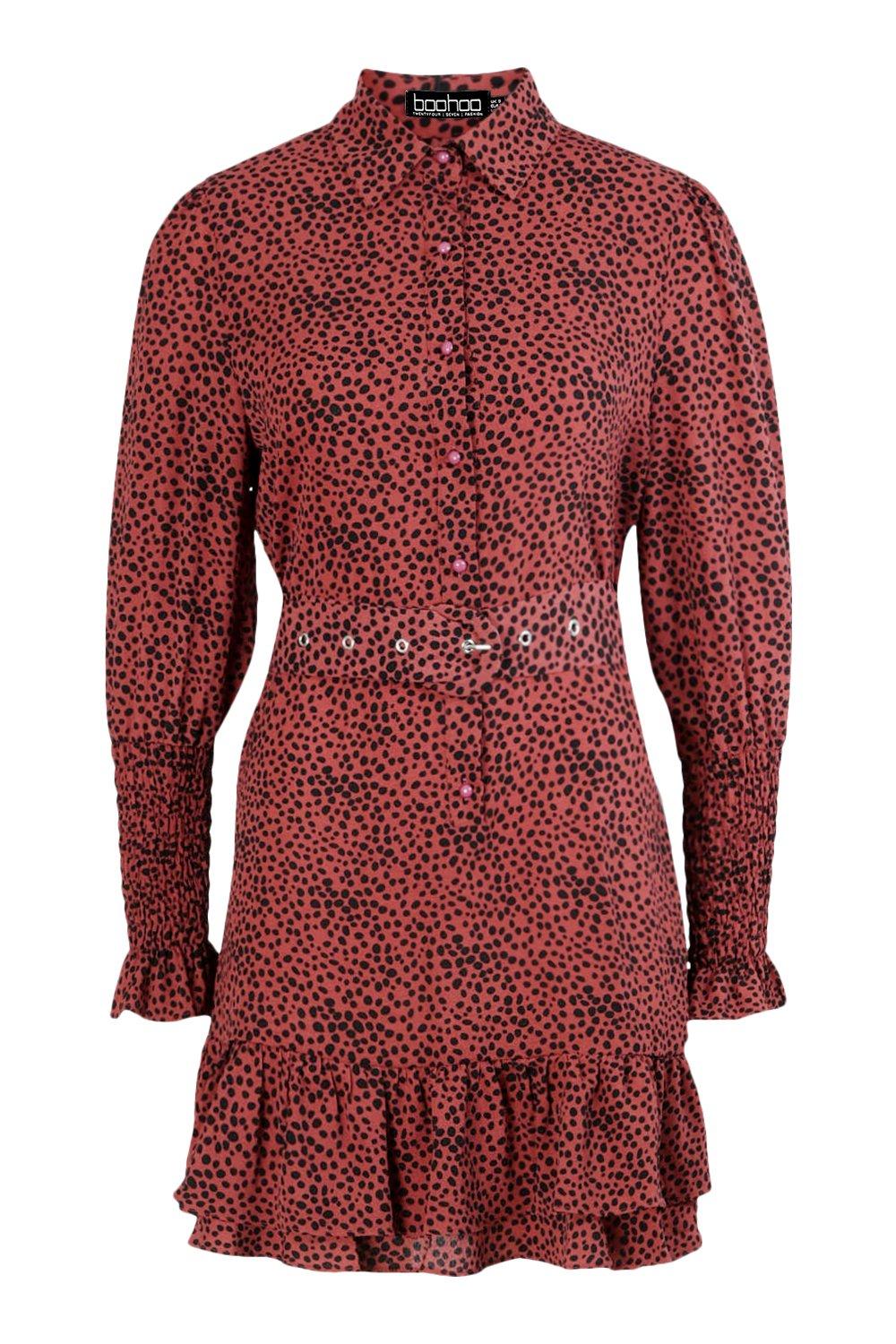 Women s Spot Print Frill Hem Belted Shirt Dress Boohoo UK