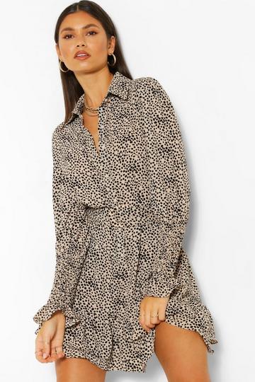 Spot Print Frill Hem Belted Shirt Dress stone