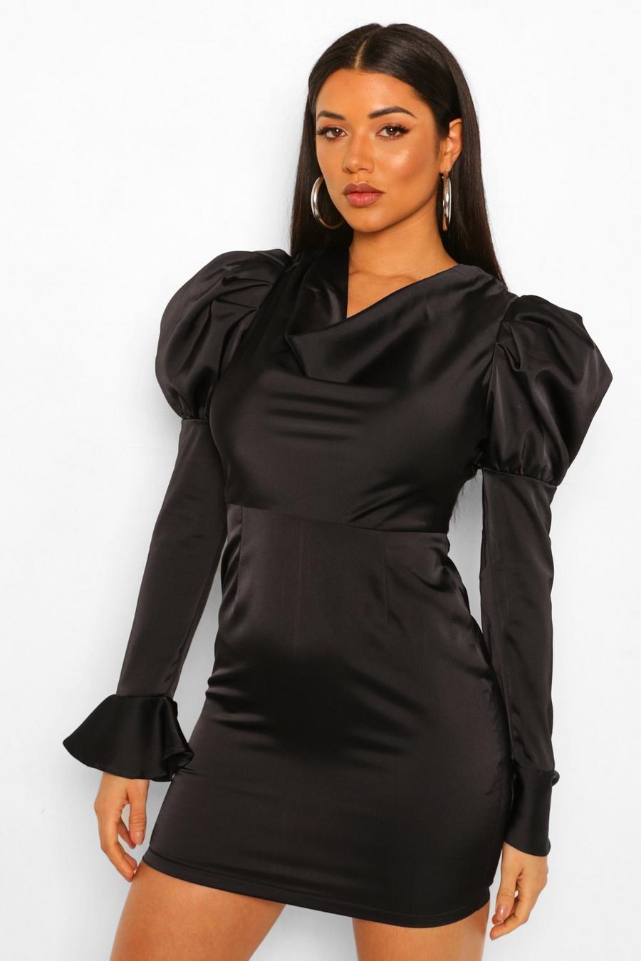 שחור שמלת מיני מסאטן עם צווארון נשפך ושרוולים נפוחים image number 1