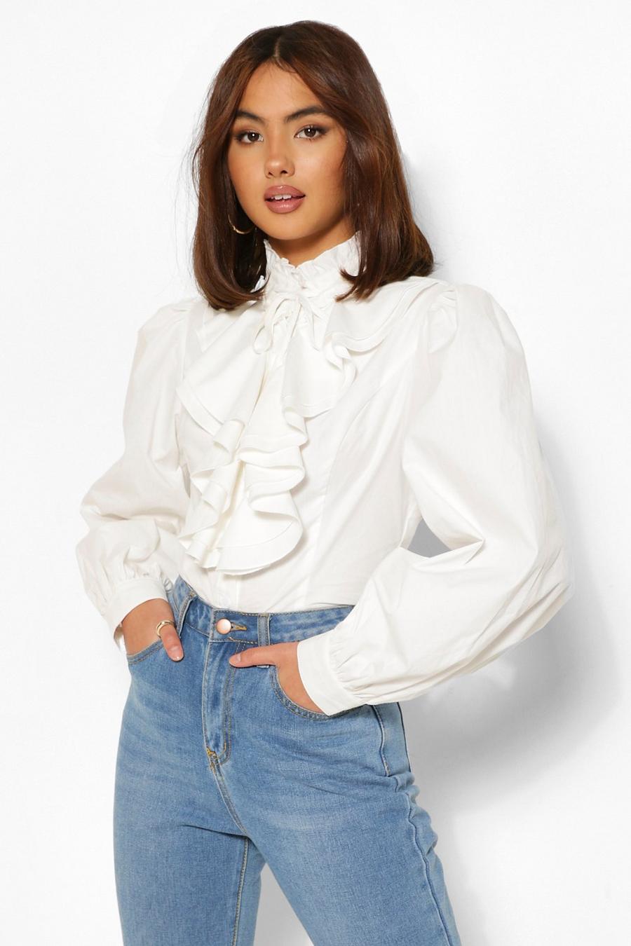 Cotton Poplin High Neck Ruffle Fitted Shirt image number 1