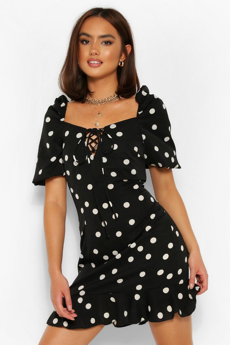 Black Polka Dot Puff Sleeve Frill Hem Midi Dress image number 1
