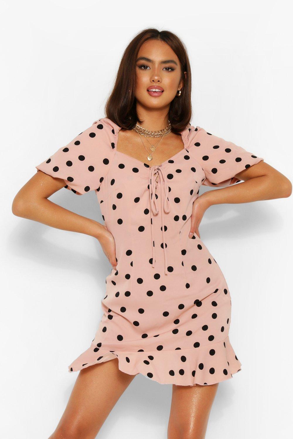 pink polka dot puff sleeve dress