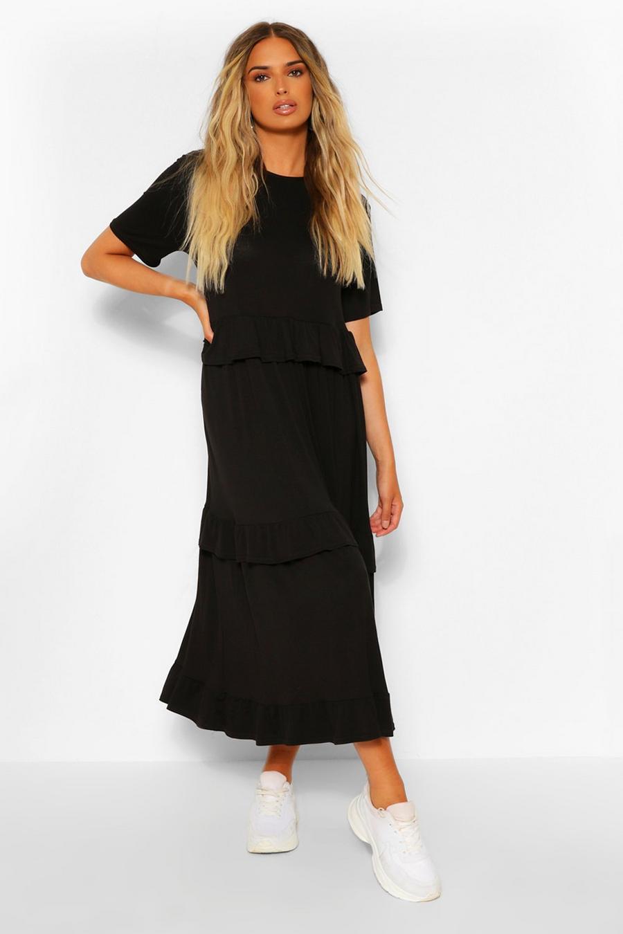 Black Tiered Ruffle Midi T-Shirt Dress image number 1