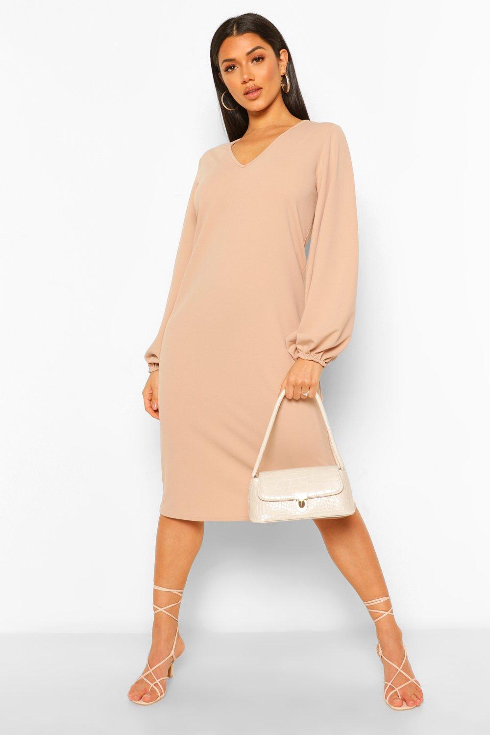 beige shift dress with sleeves