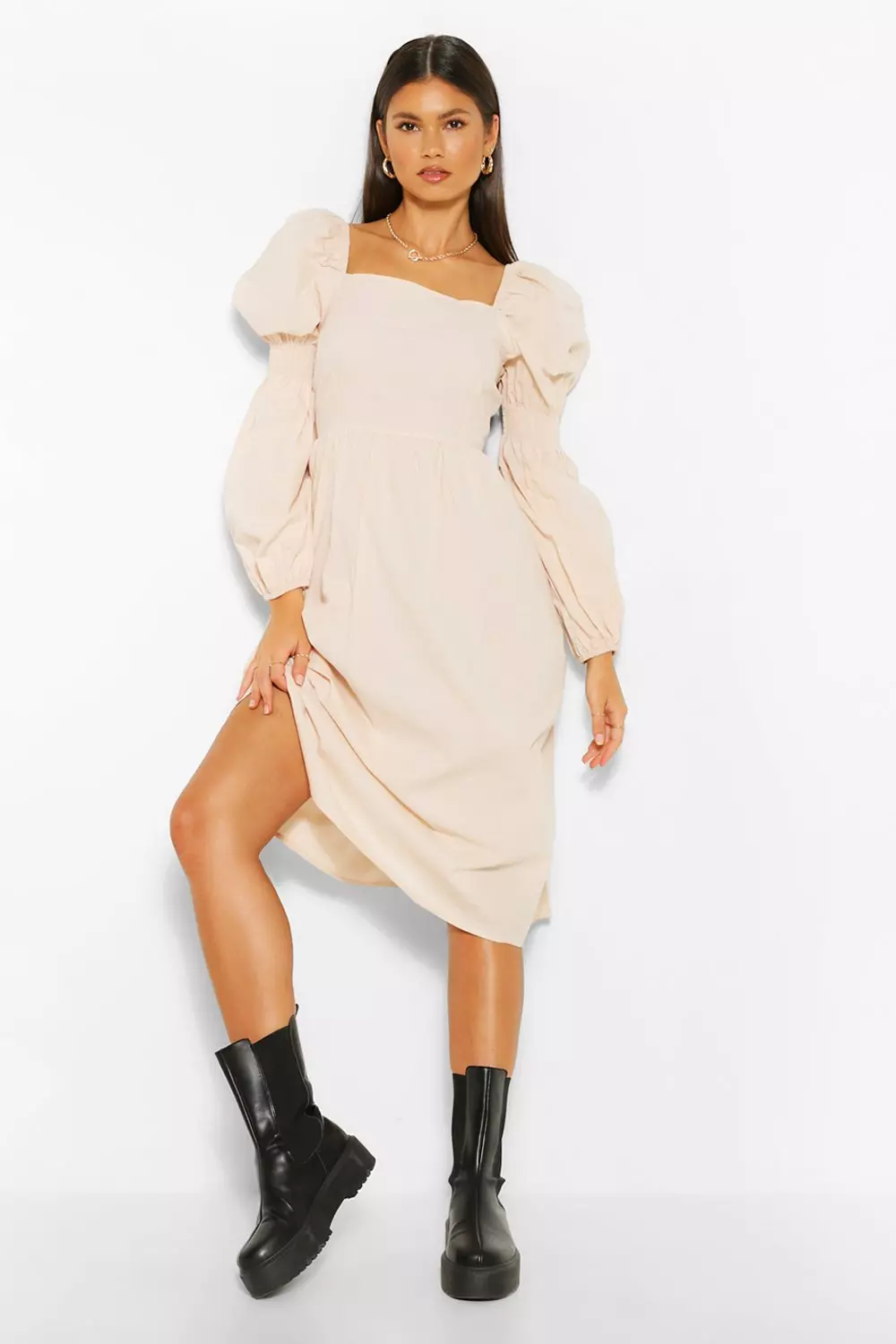 Boohoo square neck outlet midi skater dress