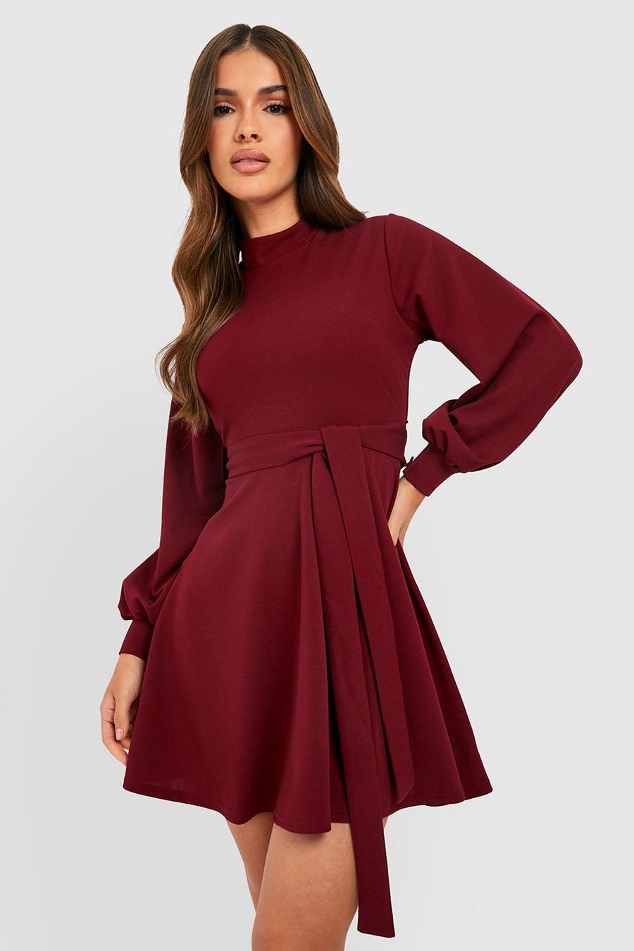 Berry High Neck Balloon Sleeve Belted Skater Dress image number 1