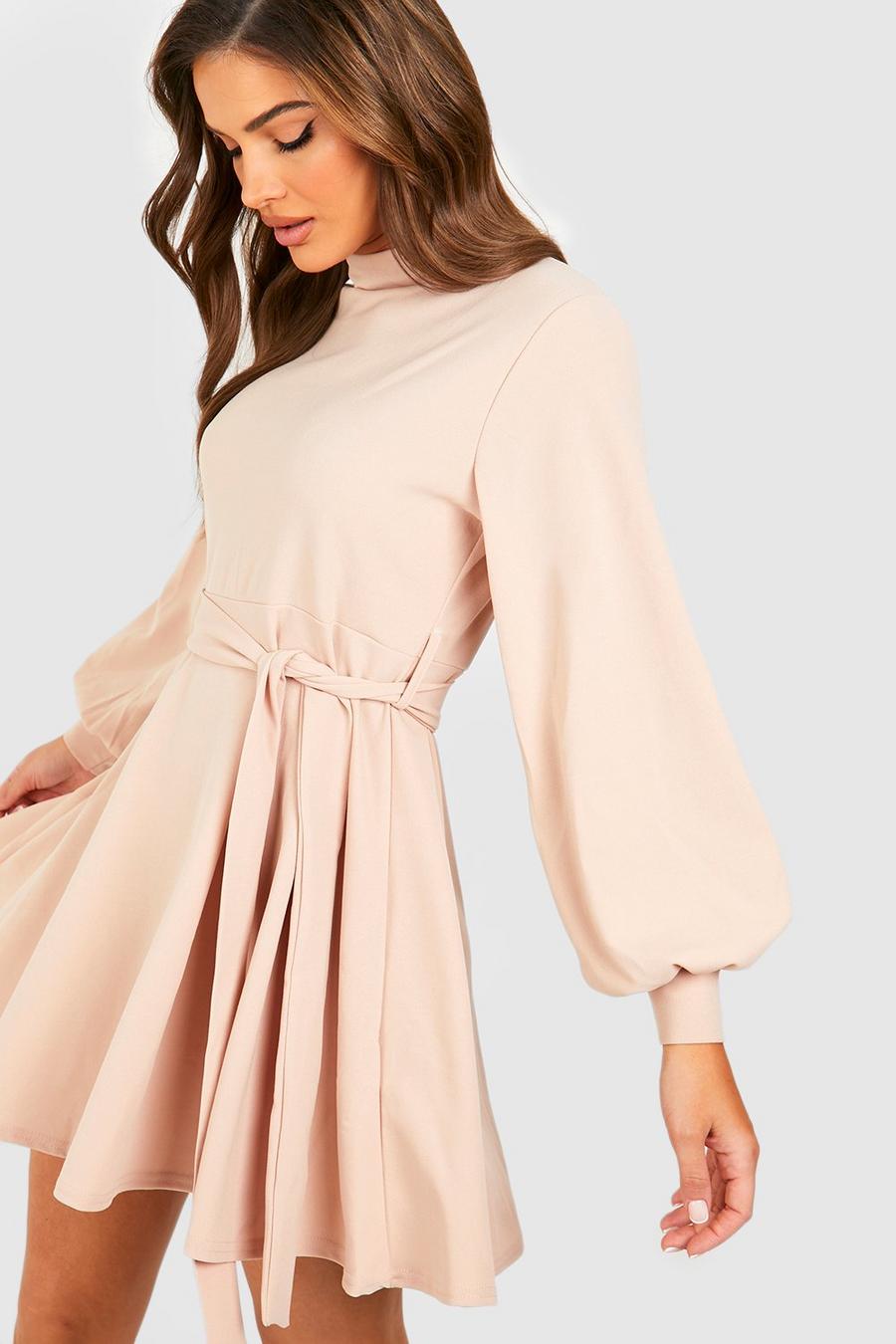 Stone High Neck Balloon Sleeve Belted Skater Dress image number 1