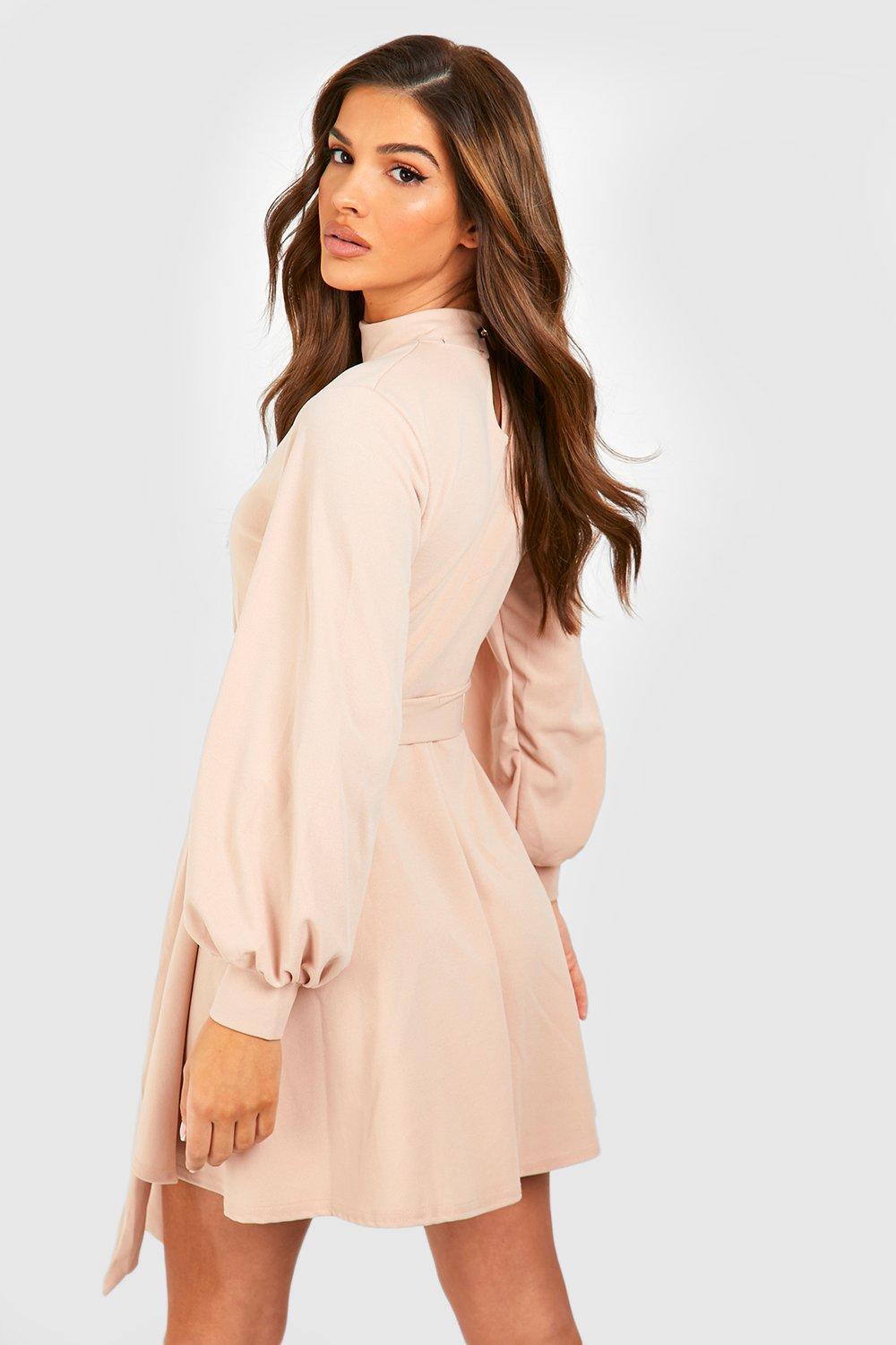 High Neck Balloon Sleeve Belted Skater Dress boohoo NZ