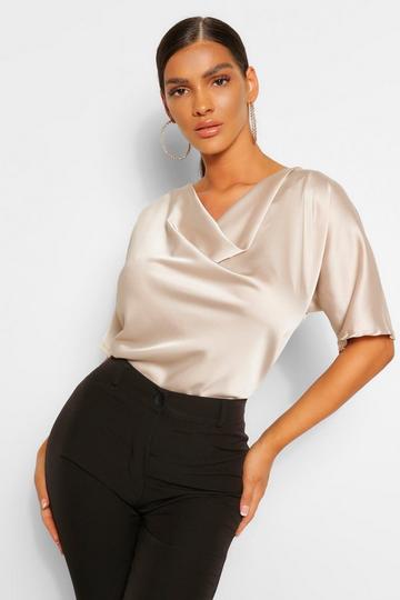 Satin Cowl Neck Short Sleeve Blouse champagne