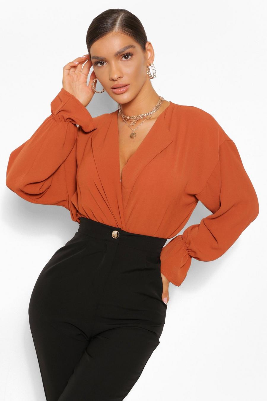 Rust Woven Elasticated Crop Collared Blouse image number 1