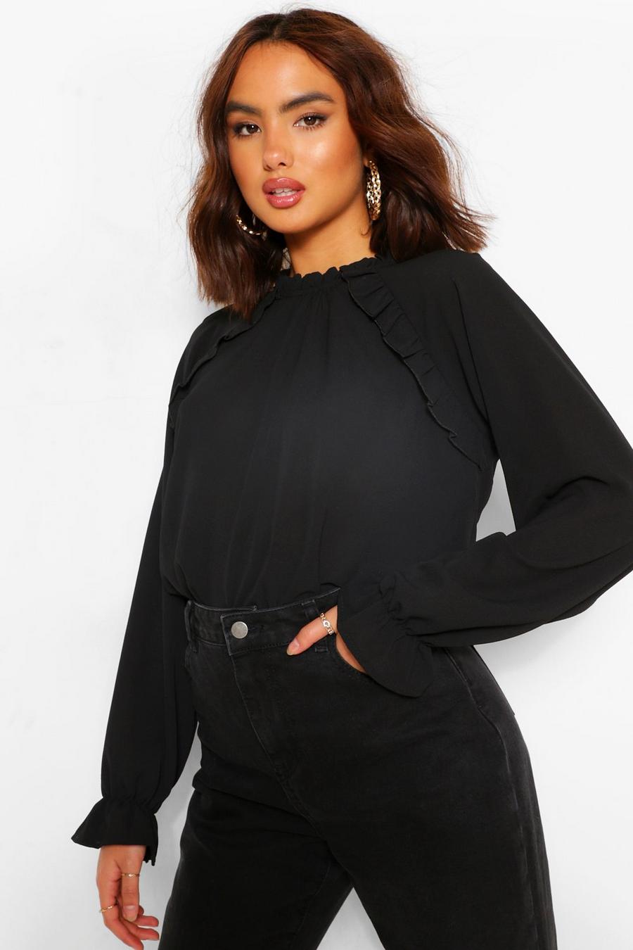 Black High Neck Ruffle Detail Blouse image number 1
