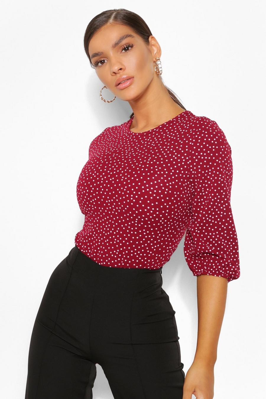 Berry Polka Dot Balloon Sleeve Bodysuit image number 1