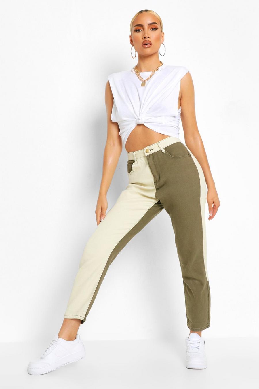 Khaki Color Block High Rise Mom Jeans image number 1