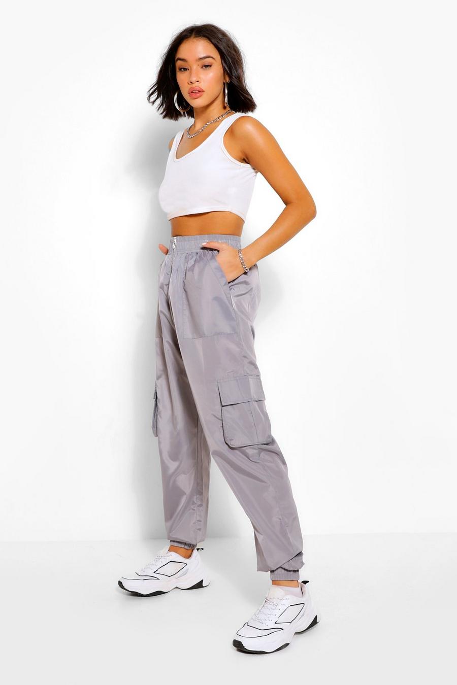 אפור בהיר מכנסי ריצה מבד של בסגנון שימושי עם רוכסן מלפנים image number 1