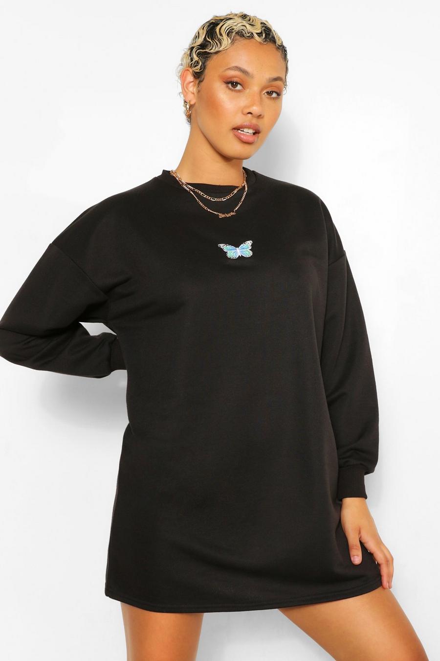 Zwart Geboorduurd Oversized Sweatshirt Jurk Met Vlinder image number 1