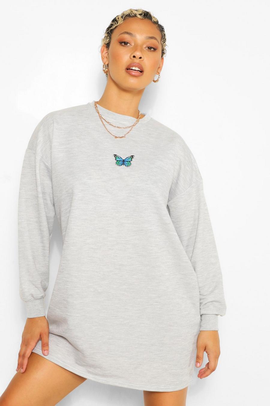 Grey Embroidered Butterfly Oversized Sweatshirt Dress image number 1