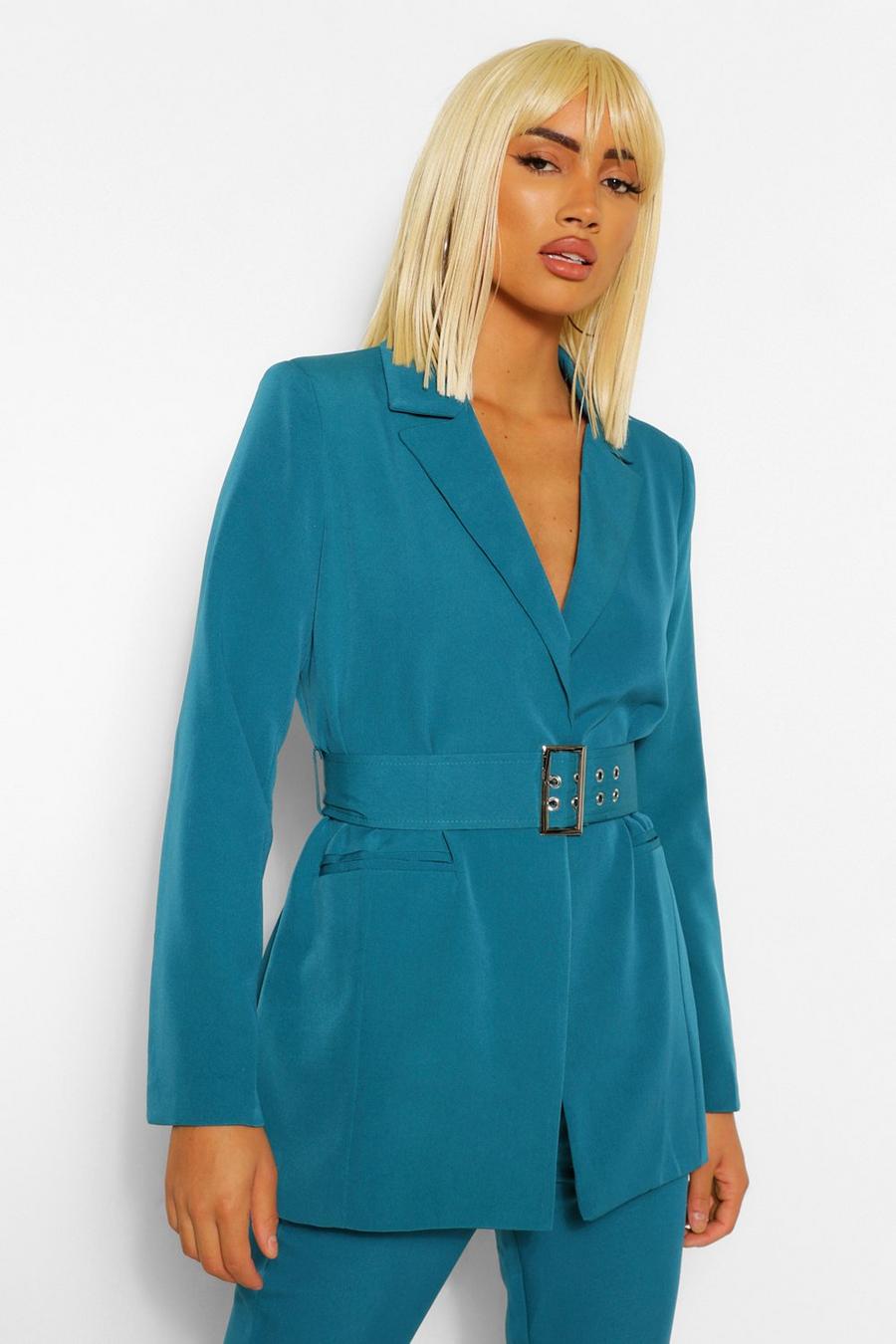 Teal Tailored Oversized Buckle Fitted Blazer image number 1