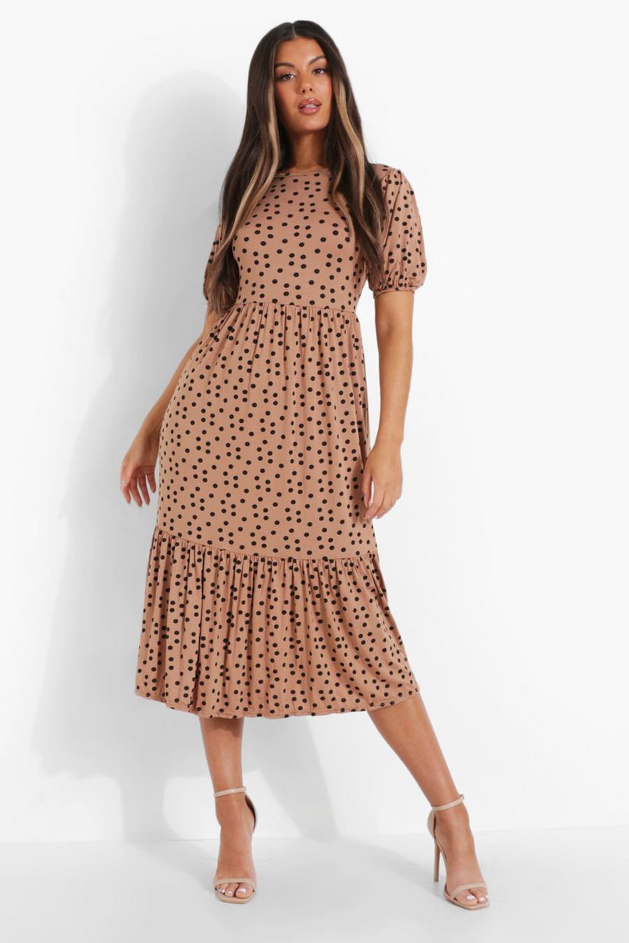 Brown Spot Print Puff Sleeve Tiered Midaxi Dress image number 1