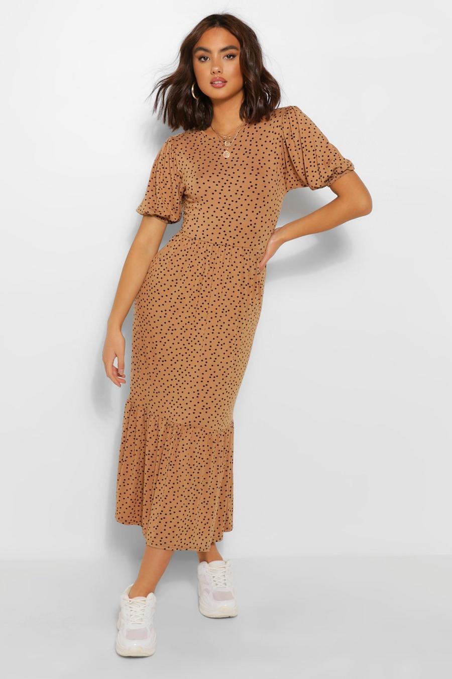 Brown Spot Print Puff Sleeve Tiered Midaxi Dress image number 1