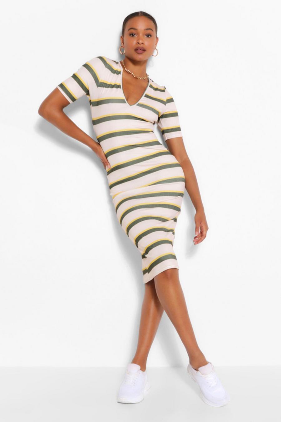 Cream V Neck Striped Bodycon Midi Dress image number 1