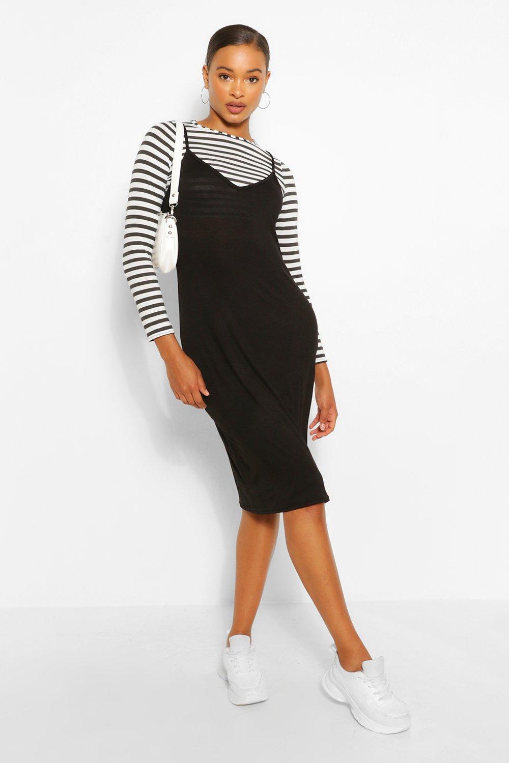 Black dress with white t shirt underneath clearance
