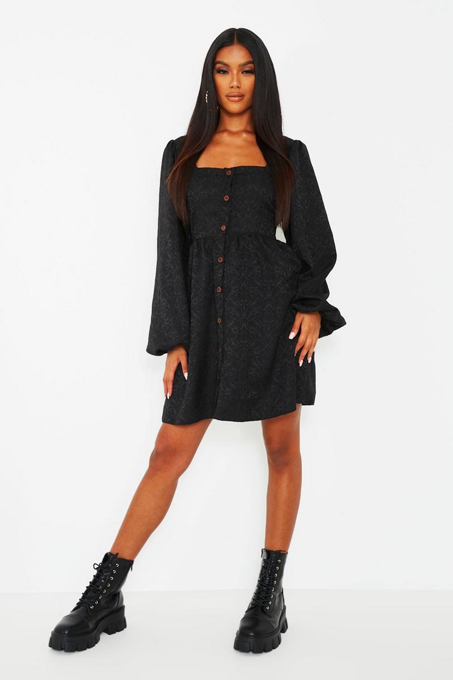 Black Jaquard Button Down Balloon Sleeve Skater Dress image number 1