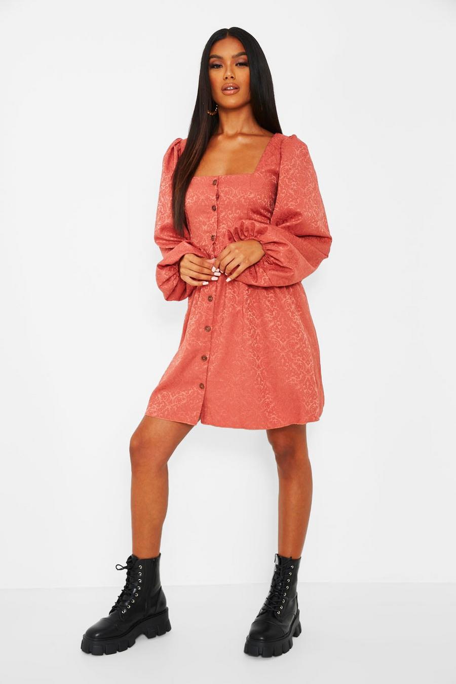 Rose Jaquard Button Down Balloon Sleeve Skater Dress image number 1