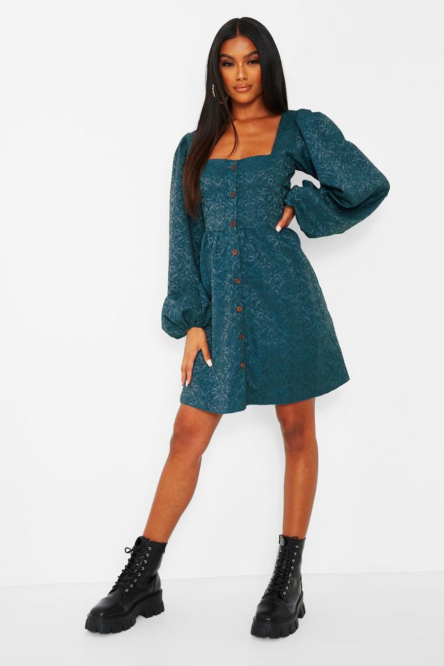 Teal Jaquard Button Down Balloon Sleeve Skater Dress image number 1