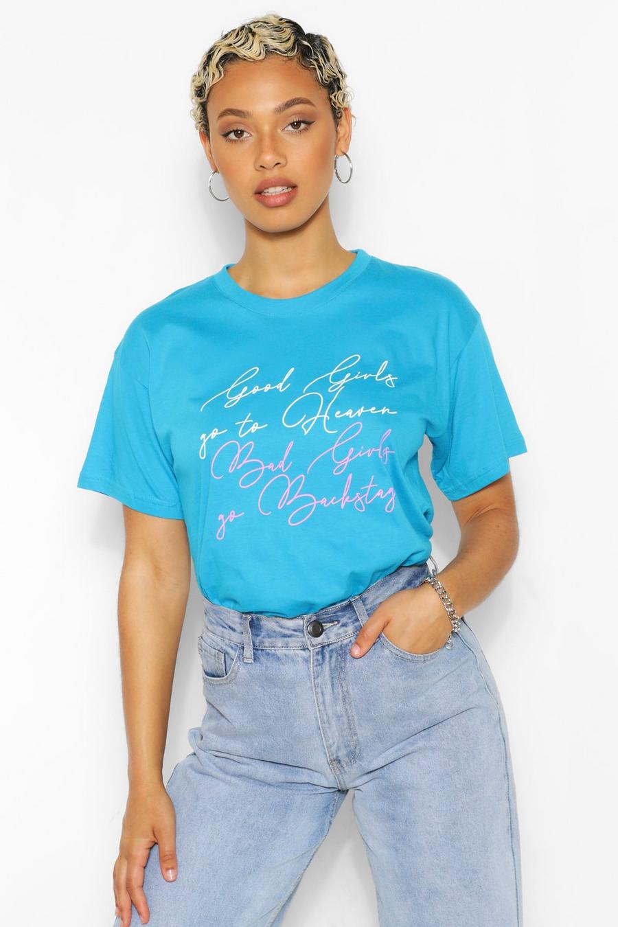 Blue "Good Girls Bad Girls" T-shirt med grafiskt tryck image number 1