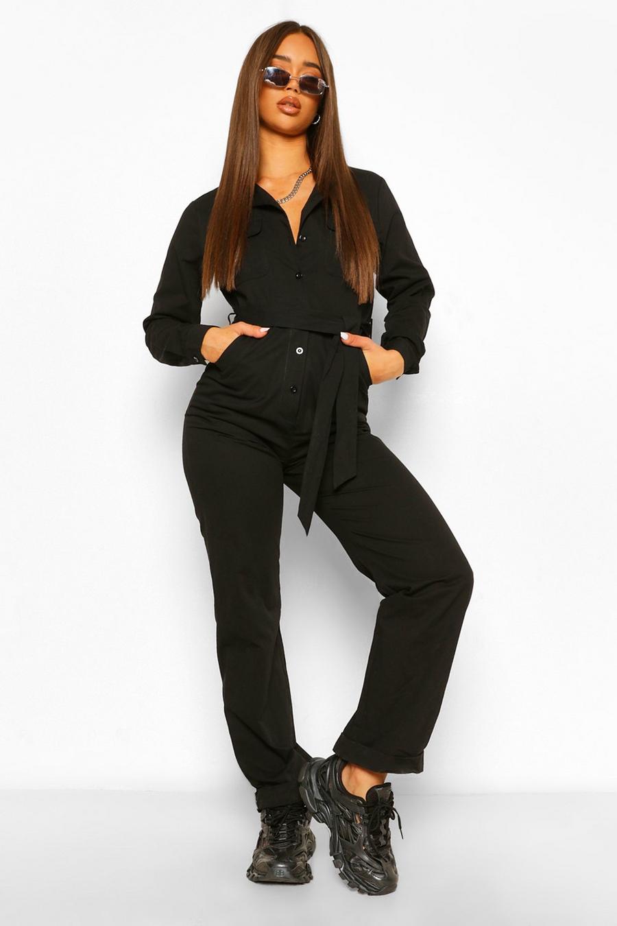 Black Woven Button Through Long Sleeve Boilersuit image number 1