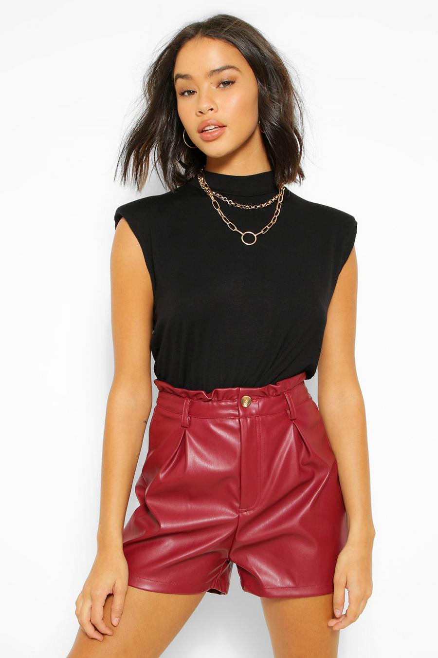 Berry PU Faux Leather Paperbag Single Button Shorts image number 1