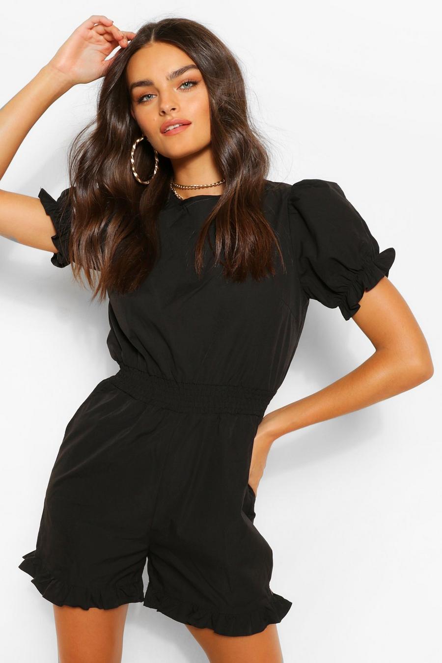 Black Woven Puff Sleeve Frill Hem Playsuit image number 1