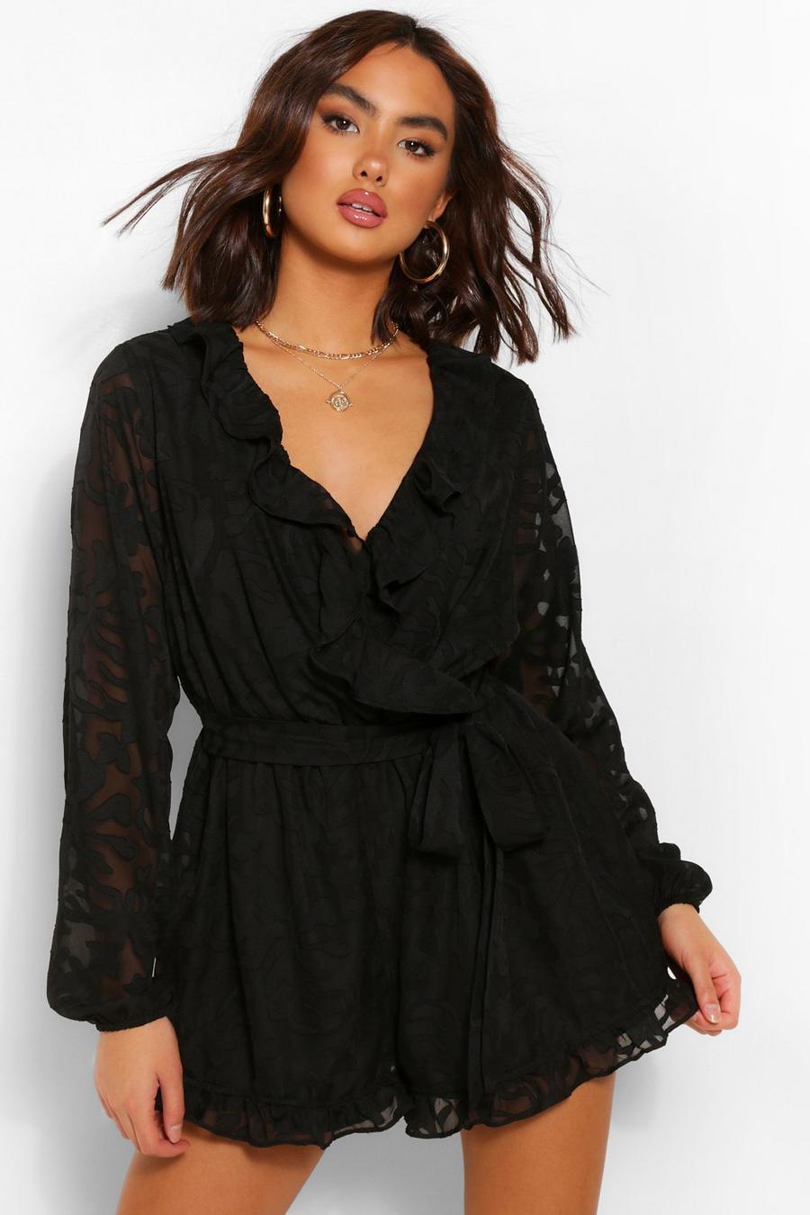 Black Floral Chiffon Frill Wrap Belted Playsuit image number 1