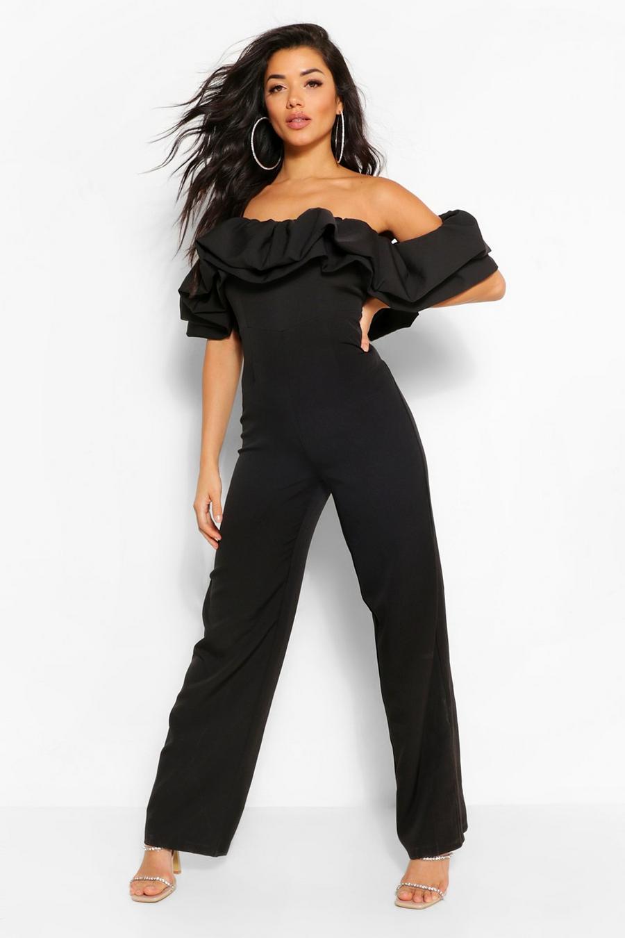 Black Bardot Ruffle Tapered Leg Jumpsuit image number 1