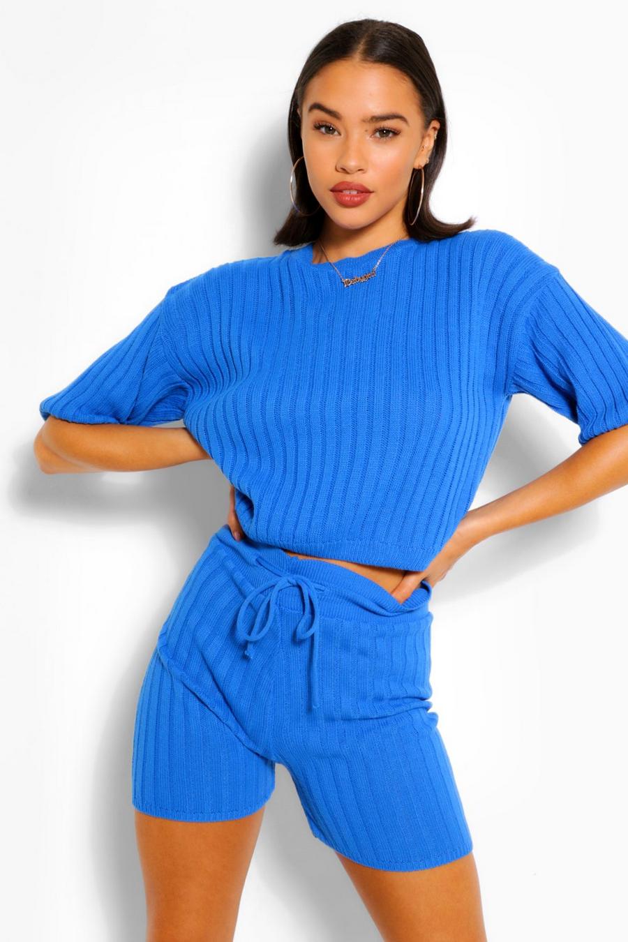 Coordinato in maglia a coste con top e pantaloncini, Blu cobalto image number 1