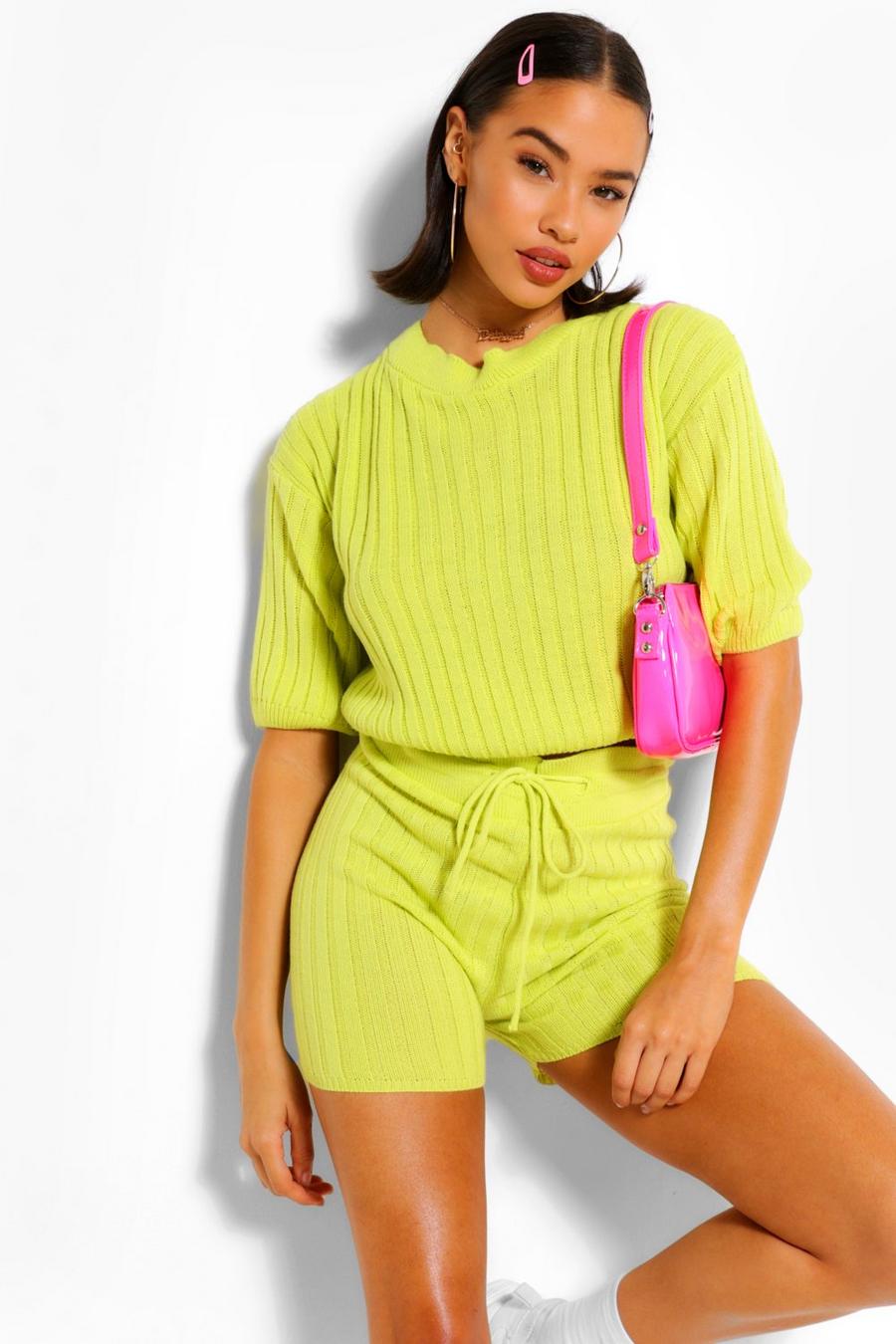 Lime Rib Knit Top & Shorts Co-ord image number 1