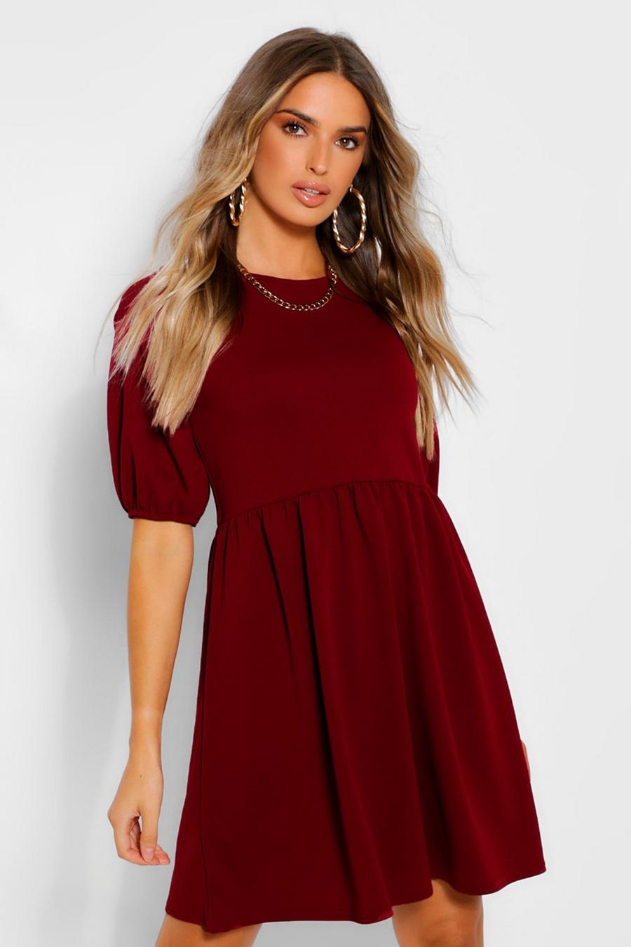Berry red Puff Sleeve Smock Dress