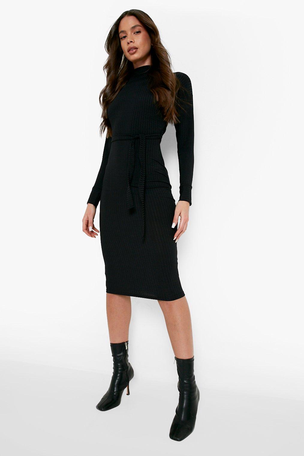 High Neck Rib Belted Midi Dress boohoo CA