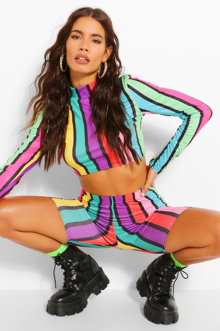 Multi Rainbow Crop & Cycle Short Co-Ord image number 1