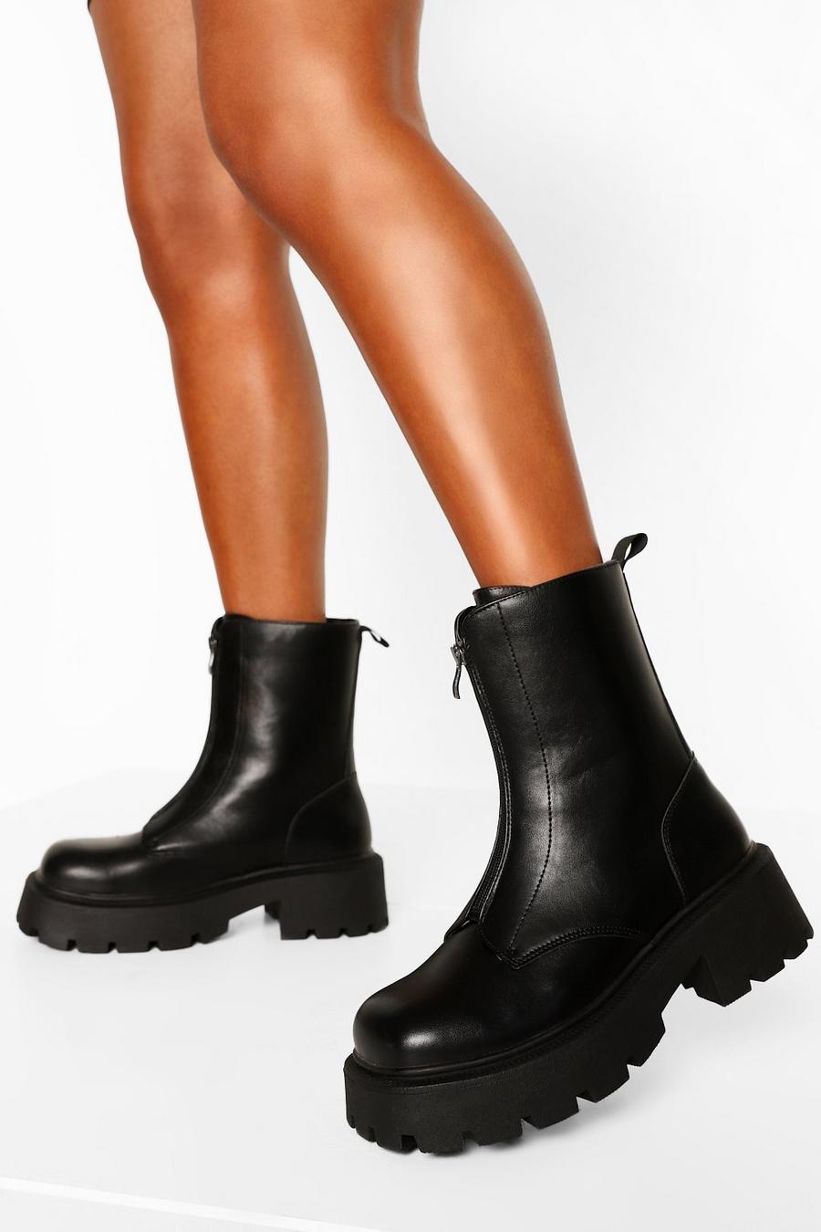 Black Wide Fit Chunky Sole Zip Front Boots image number 1