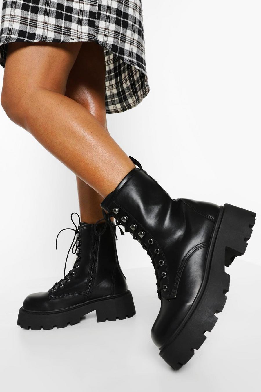 Black Wide Fit Chunky Sole Hiker Boots image number 1