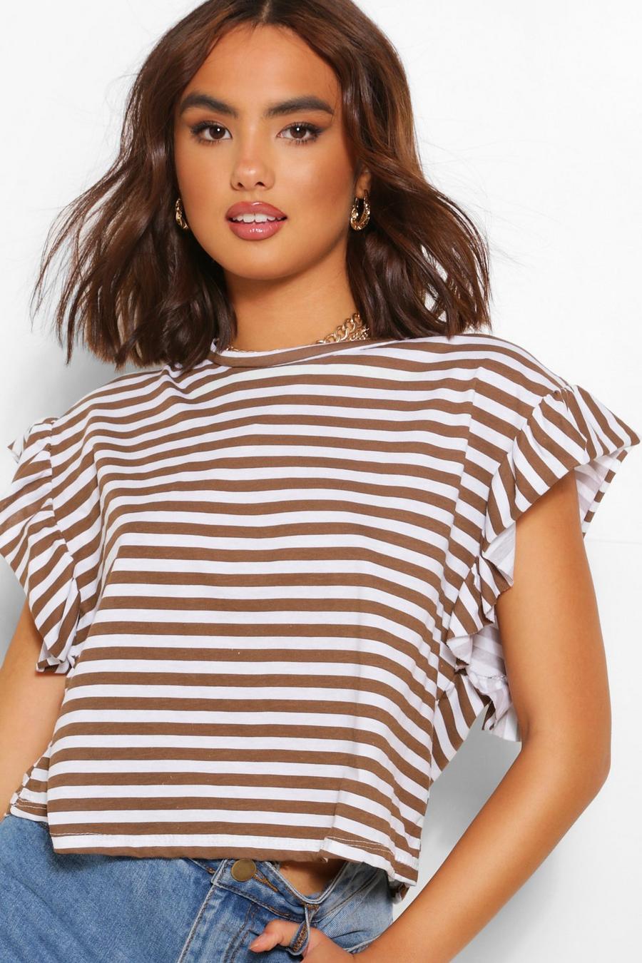 Tobacco Striped Ruffle Sleeve Tee image number 1