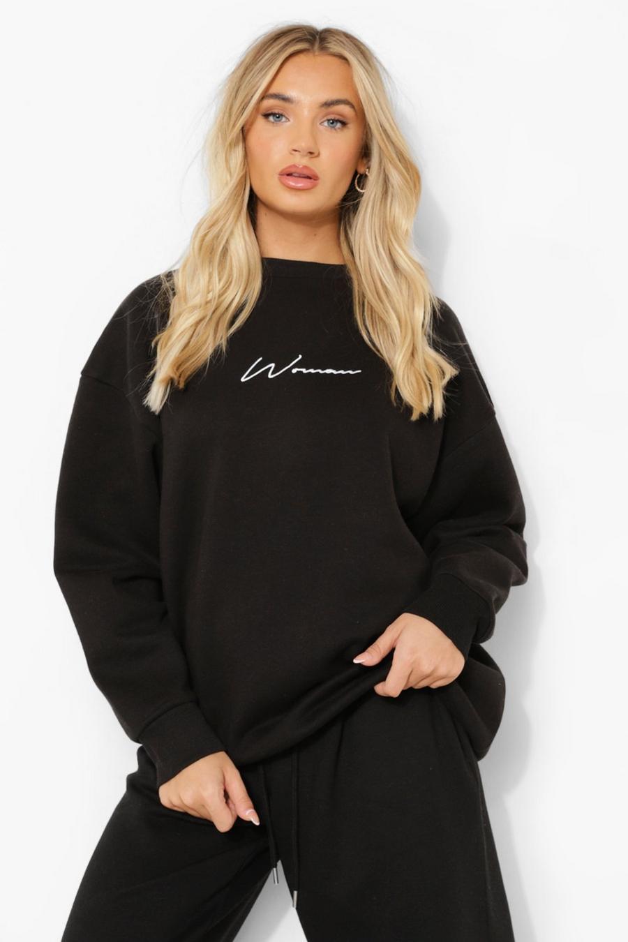 Oversize Sweatshirt mit besticktem Woman-Schriftzug, Schwarz image number 1