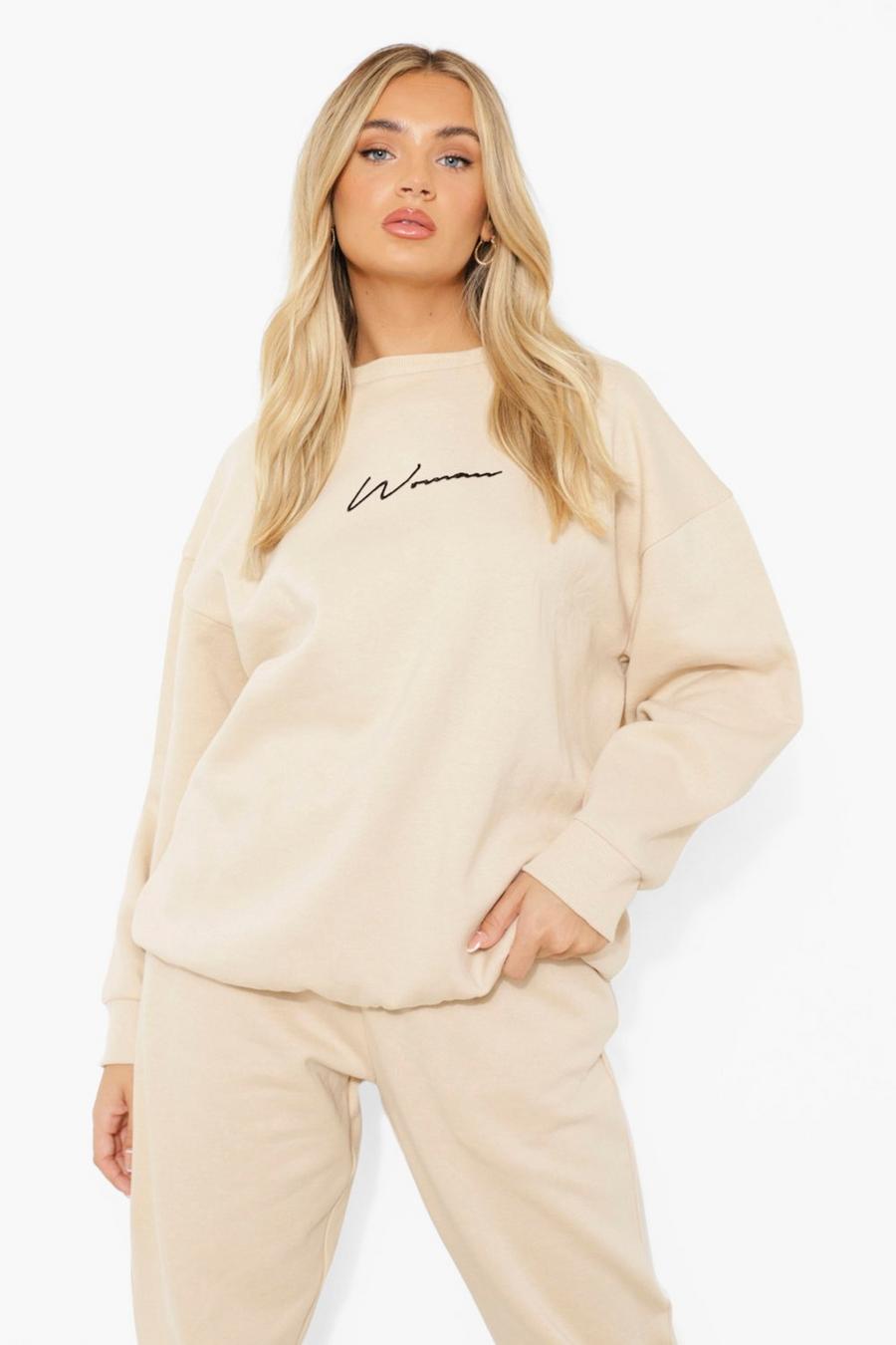 Stone beige Oversized Embroidered Woman Script Sweatshirt